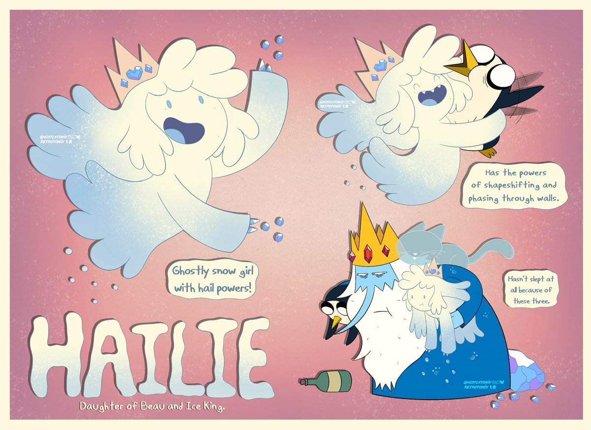 Hailie’s redesign! She is a snow ghost girl who has hail powers and has other abilities like shapeshifting and phasing through walls. She absolutely loves to keep her parents up at 3am making hail storms too. #adventuretime #iceking