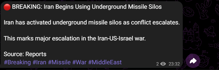 ViralPopX's tweet photo. IRAN HAS BEGUN USING UNDERGROUND MISSILE SILOS.. #IranWar #Iran https://t.co/HABfh7dZZN