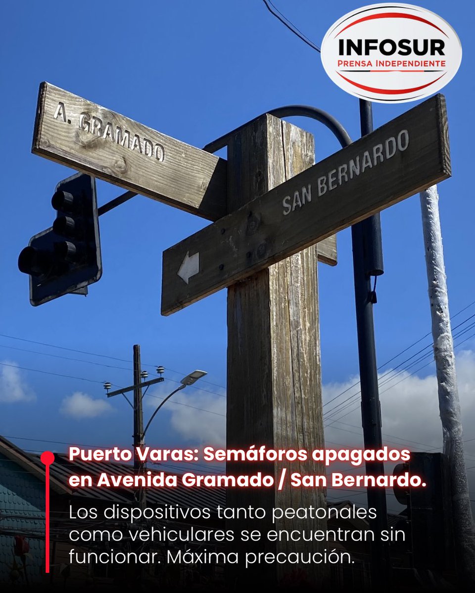 🚦#PuertoVaras: #SemáforosApagados en Avenida Gramado / San Bernardo.
Se recomienda Máxima #Precaución.

Hasta el momento de esta publicación, no ha llegado ni #Carabineros ni #SeguridadPública para mantener orden en el #Tránsito y así evitar algún #Accidente.