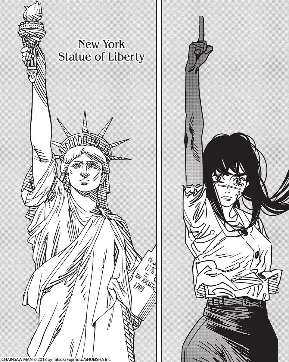VIZMedia's tweet photo. The War Devil, Yoru, takes a stance similar to the Statue of Liberty. (via Chainsaw Man, Vol. 20) https://t.co/tDN8cEaaA6