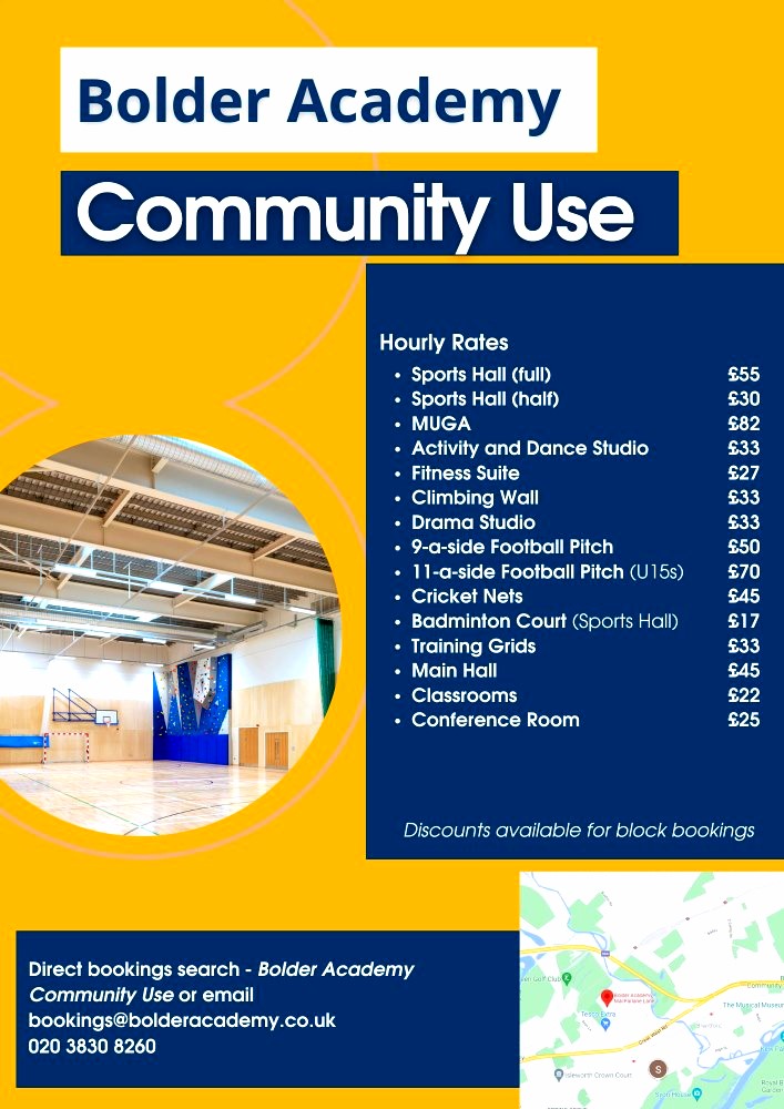 Looking for a space for your next class, meeting, or community event?
Bolder Academy has fantastic facilities ready for you and discounted rates for block bookings!

 Contact us: bookings@bolderacademy.co.uk Image
