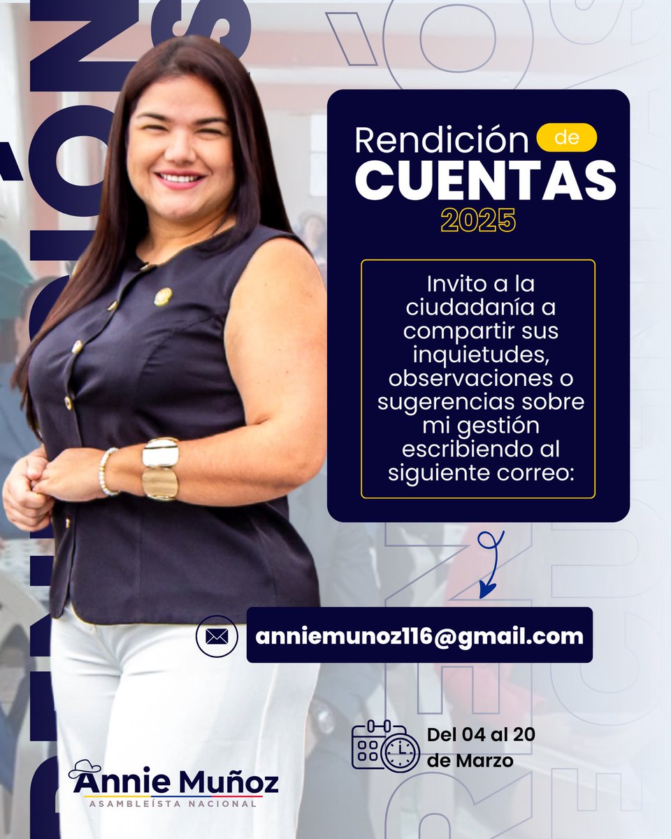 🚨 Iniciamos el proceso de Rendición de Cuentas 2025, un espacio fundamental para fortalecer la transparencia y el diálogo con la ciudadanía.

Invito a todos a enviar sus sugerencias, preguntas y aportes sobre mi gestión. Su participación es clave para consolidar el control