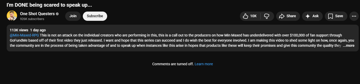 i am so dissapointed with youtube.com/@OneShotQueste… calling out some new players then hiding comments when no body agrees with his points whether he turns them back on or not i will be unsubbing and no longer supporting him #oneshotquesters #minmaxed