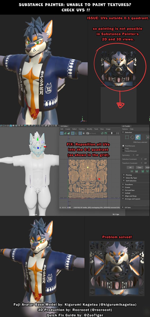 TigerZuotiger's tweet image. Useful Tip for "FUJI" avatar users! 🛠️

Found a small UV layout issue that stops Substance Painter from working correctly in 2D/3D mode. Here is a quick fix guide!

Base Model by @kigurumikagetsu 
3D Production by @rocrocot

#SubstancePainter #Maya #TechnicalArt #VRChat