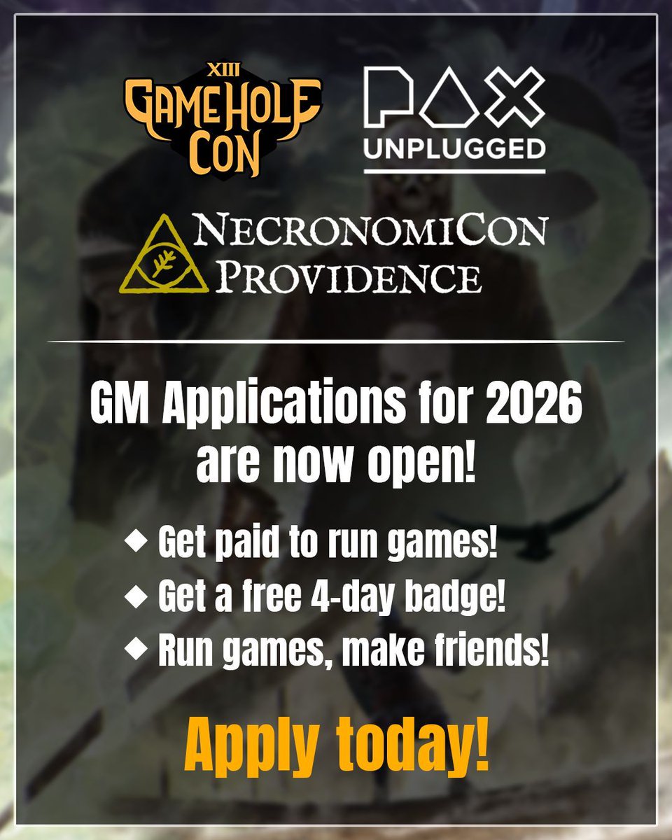 Chaosium_Inc's tweet photo. Want to get paid to run games? 

Apply now to be a Chaosium GM and these upcoming events!

https://t.co/bqqHusaTUC https://t.co/JMuGCKaMDv