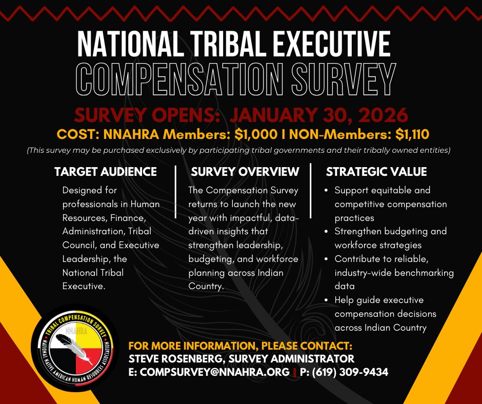 nnahra's tweet image. 🚨 Don't Miss Out! The National Tribal Executive Compensation Survey opens Jan 30, 2026. Secure your spot: nnahra.wildapricot.org/Sys/Store/Prod… #NNAHRA #TribalLeadership #IndigenousWorkforce #ExecutiveCompensation #HRStrategy #TribalGovernance