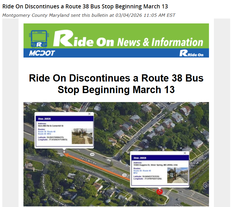 MCDOTNow's tweet photo. 🚌🚏NEW🚌🚏
@RideOnMCT will discontinue a #Route38 Bus Stop on Veirs Mill Road in #SilverSpringMD beginning on Friday, March 13, 2026. 
📑Details🔗https://t.co/5tg277ajVh
@311MC311 @MontgomeryCoMD @MoCoCouncilMD https://t.co/AaaK1PXOrx