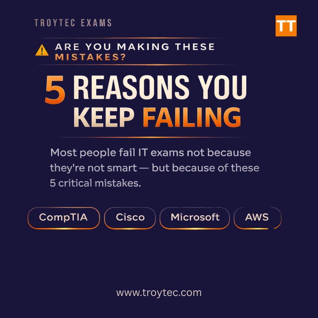TroytecExam's tweet photo. 5 reasons people FAIL IT certification exams (and how to avoid them)
  📌 Save this post for later!  At TroyTec Exams, we provide up-to-date practice exams for every major vendor. Which tip was most helpful to you?
.
#StudyTips #ITCertification2026 #ExamPrep #CompTIAguide https://t.co/26cri3oA8b