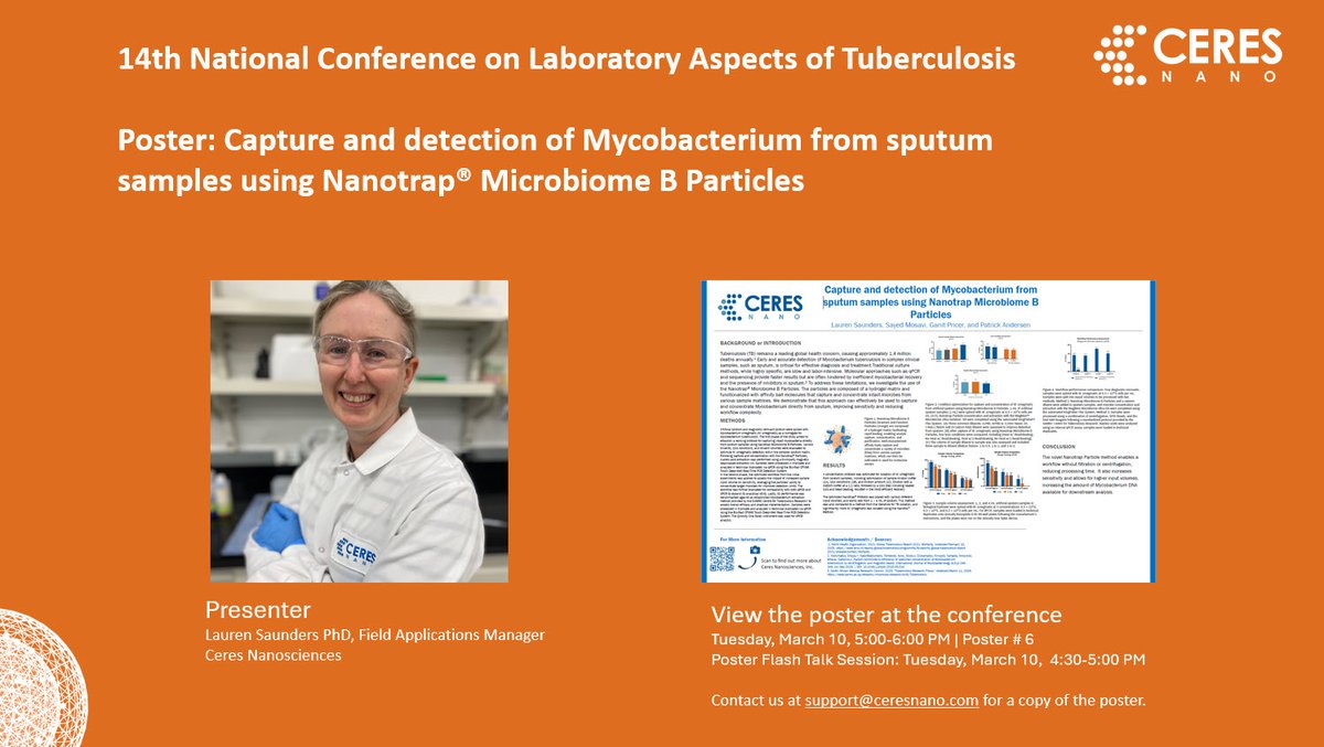CarynTyler73106's tweet photo. We’re excited to share that Lauren Saunders, Ph.D., Field Application Scientist Manager, will be presenting at the 14th National Conference on Laboratory Aspects of Tuberculosis next week in Atlanta, Georgia.

Stop by to learn how our technology is supporting improved detection and research workflows in tuberculosis clinical studies. We look forward to connecting with you there.

🗓 Tuesday, March 10
🕟 4:30 PM – Flash Talk
🕔 5:00–6:00 PM – Poster Session
#TB #Tuberculosis #Nanotrap #InfectiousDisease #APHL