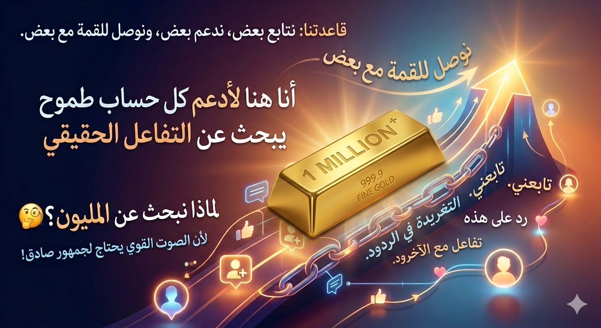 "لماذا نبحث عن المليون؟ 🧐
لأن الصوت القوي يحتاج لجمهور صادق!
​أنا هنا لأدعم كل حساب طموح يبحث عن التفاعل الحقيقي.
​تابعني.  
رتويت تعليق. 
​تفاعل مع الآخرين في الردود.
​قاعدتنا: نتابع بعض، ندعم بعض، ونوصل للقمة مع بعض.