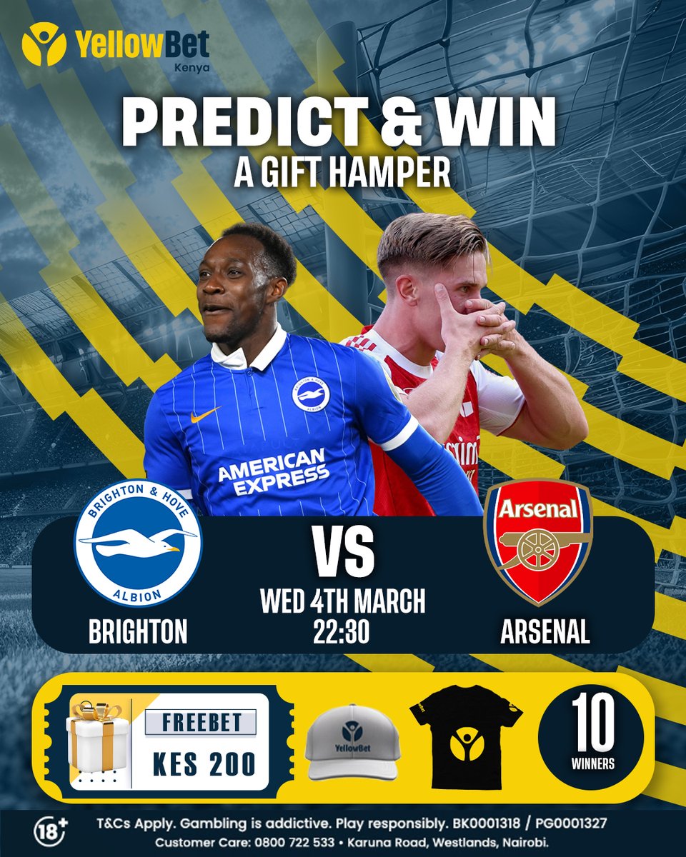 radiomaisha's tweet photo. Giveaways Alert Courtesy of https://t.co/gGUj44sgyp. 

Predict the full time scores of Brighton vs Arsenal match & Tune in to Radio Maisha tonight for the live commentary for a chance to win a YellowBet Gift Hamper!

To participate, follow these easy steps and you could be among the 10 lucky winners:
i) Register on https://t.co/Cd5PkHPInv
ii) Follow @YellowBetKenya 
iii) Share this post
iv)Comment with your prediction below

Only predictions shared before kickoff qualify. Winners will be selected randomly.

#YellowBetKenya #Predict&Win
 https://t.co/V5PcOgZ5tH
 https://t.co/915rOPLvwq

 https://t.co/NifDDoZpvR