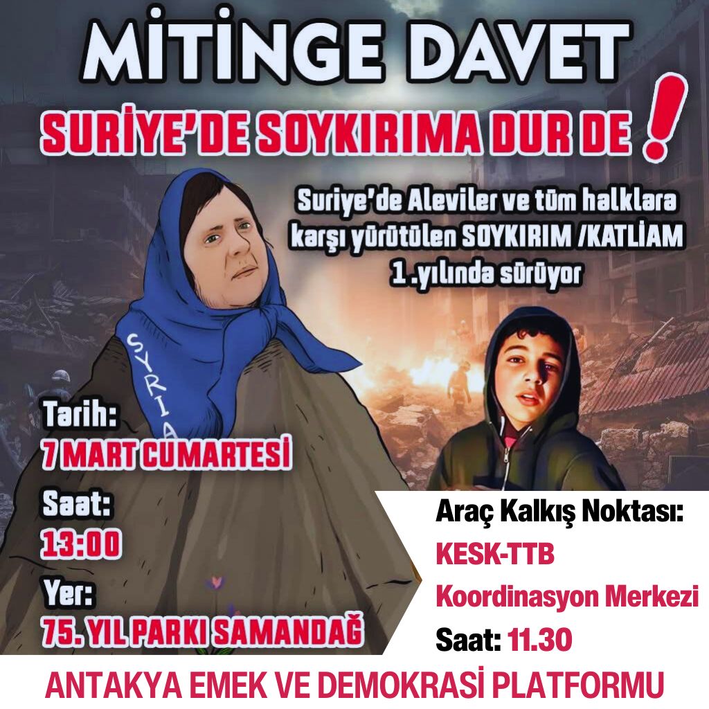 HataySykp's tweet photo. Suriye'de Alevi soykırımı katliamlarla, işten çıkarmalarla, göç ettirme politikaları ile devam ediyor.

Alevi soykırımına sessiz kalmıyoruz, azınlık katliamlarına dur diyoruz.
#SoykırımaKarşıAlanlardayız
#StandAgainstGenocide https://t.co/a7WbFKITXQ