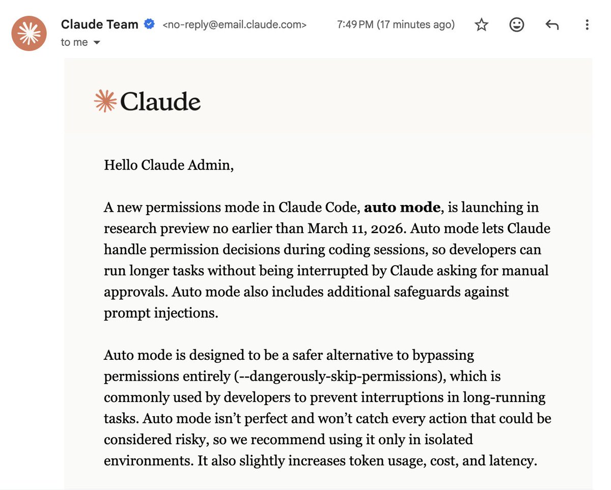Was about to run #ClaudeCode with "--dangerously-skip-permissions" when <a href="/AnthropicAI/">Anthropic</a>  emailed me a safer alternative at that exact moment.

Like grabbing junk food at midnight and getting your weekly health report notification.

Still hit Enter though. auto mode can have me