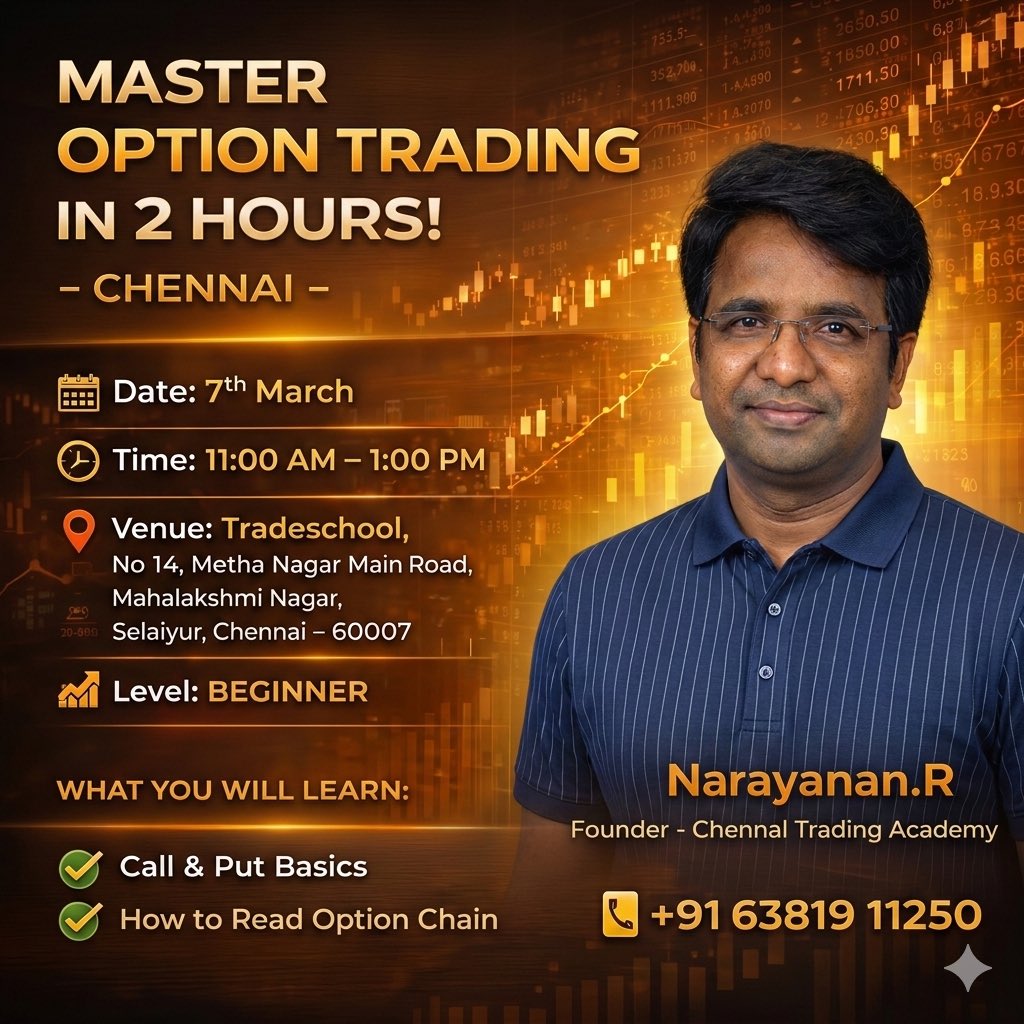 rnarayanan80's tweet image. 📊 Start Your Options Trading Journey the Right Way!

Reg Link : forms.gle/zpnpX9VZgAFr3Z…

🗓 Date: 7th March 
⏰ Time: 11:00 AM – 1:00 PM
📍 Location: Tambaram, Chennai

#OptionTrading  #LearnTrading
#TradingEducation #OptionsTrading
#OptionsTrader #StockMarketTamil
#Trading