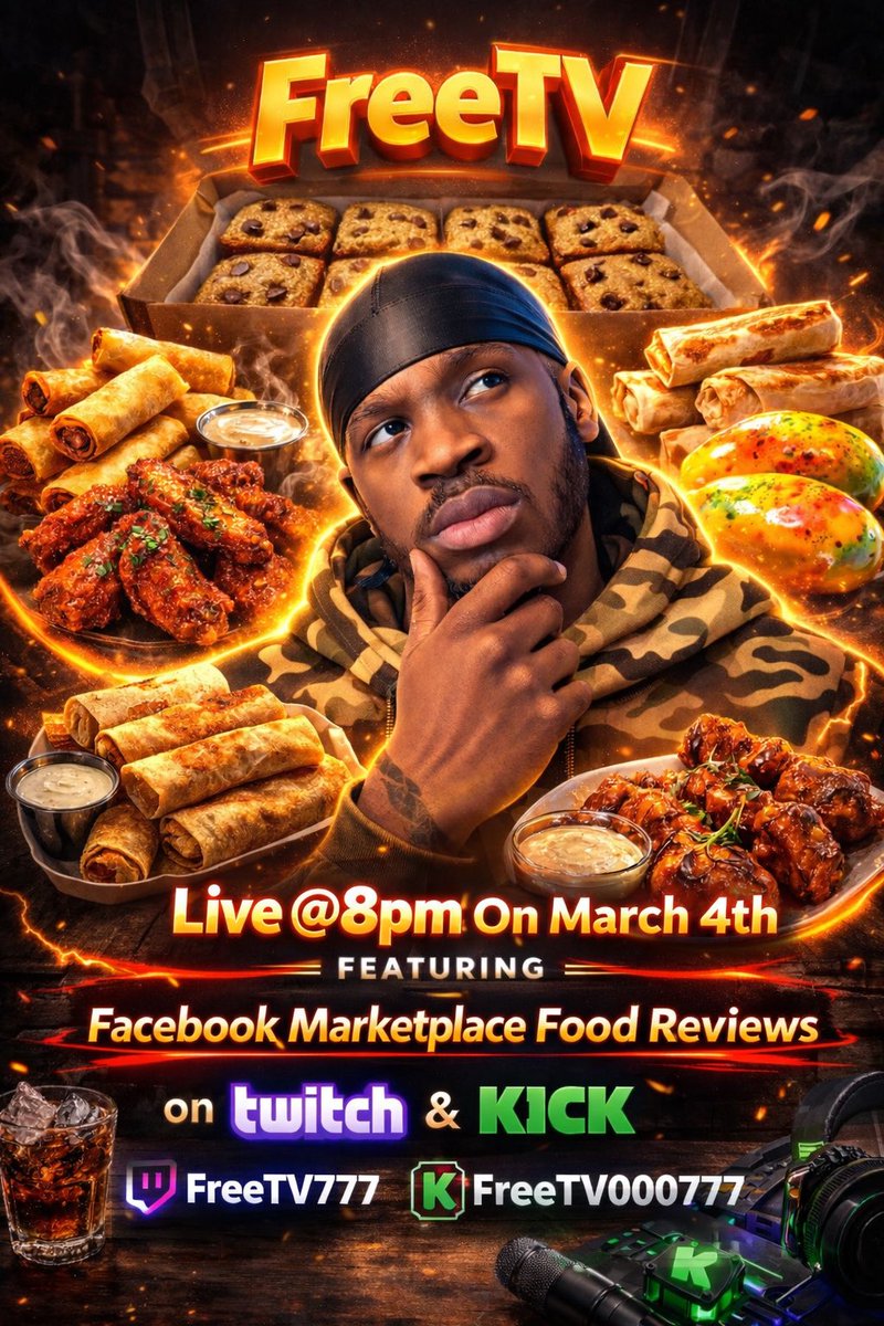 FACEBOOK MARKET PLACE FOOD REVIEWS TONIGHT AT 8 PM GET IN THE CHAT WITH US. WE’RE GONNA EAT AND REVIEW LET’S GET IT!!!
Kick.com/freetv000777