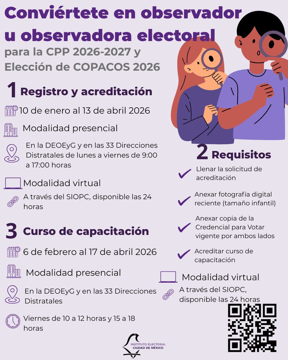 🧵 ¿Quieres participar como observador/a electoral en la #CDMX para la Consulta de #Presupuesto Participativo y la Elección de #COPACOS? 👀

Ya puedes registrarte:

🗓️ Hasta el 13 de abril 📍 Modalidad presencial en Direcciones Distritales) o 💻 Modalidad virtual (SIOPC  <a href="/iecm/">IECM</a>)