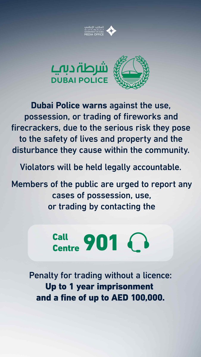 DXBMediaOffice's tweet photo. Dubai Police warns against the use, possession, or trading of fireworks and firecrackers, due to the serious risk they pose to the safety of lives and property and the disturbance they cause within the community.

Violators will be held legally accountable.

Members of the public are urged to report any cases of possession, use, or trading by contacting the 901 Call Centre.

Penalty for trading without a licence:
Up to 1 year imprisonment and a fine of up to AED 100,000.
@DubaiPoliceHQ