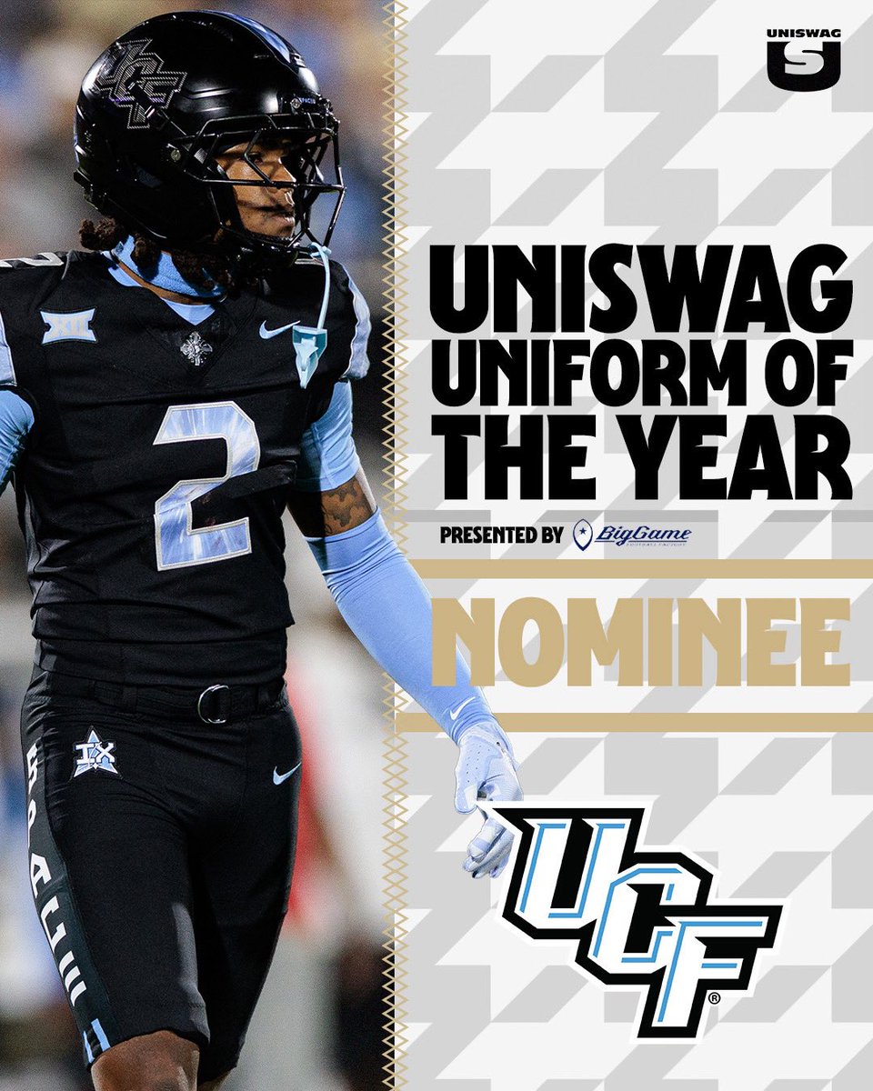 UNISWAG's tweet photo. UNISWAG Uniform of the Year Nominee presented by @BigGameUSA 

@UCF_Football is up for the best uniform of the 2025 College Football season!

Cast your vote here: https://t.co/0UMURgsvUw

#uniswag https://t.co/xZJMLkb8KX