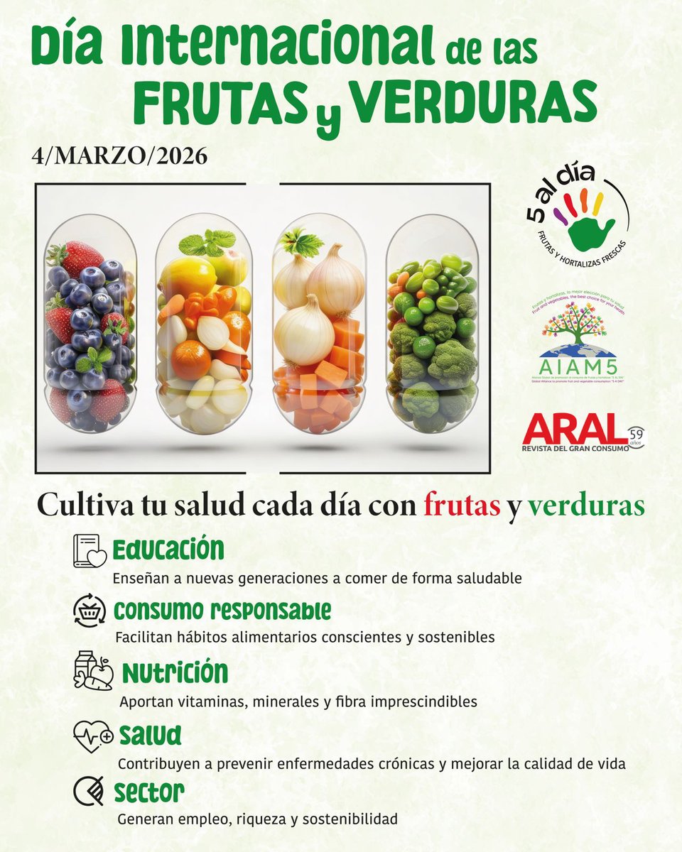 🍎 Hoy, 4 de marzo, es el Día Internacional de las Frutas y Verduras. Desde ARAL, como socios de <a href="/5aldiaspain/">5 al día</a>, recordamos la importancia de incluir más frutas y hortalizas en nuestra alimentación diaria por salud y sostenibilidad. 🥦🌱

#DíaInternacionalFrutasYVerduras #DIFV