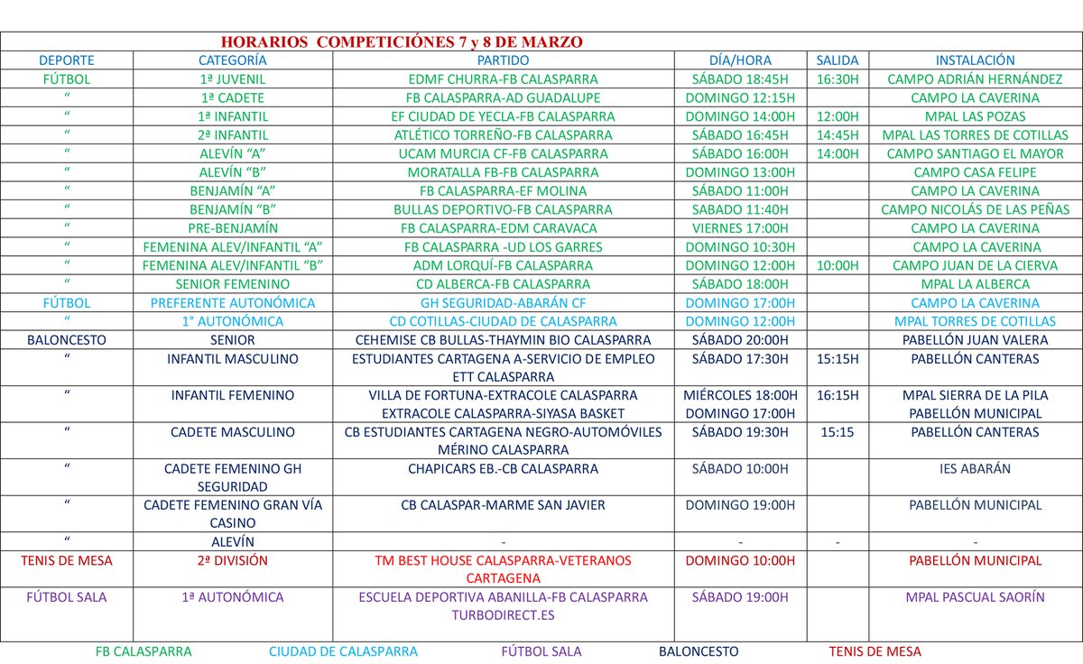 Horarios deportivos del fin de semana (7 y 8 de marzo) 🏀🥎⚽

#DeportesCalasparra