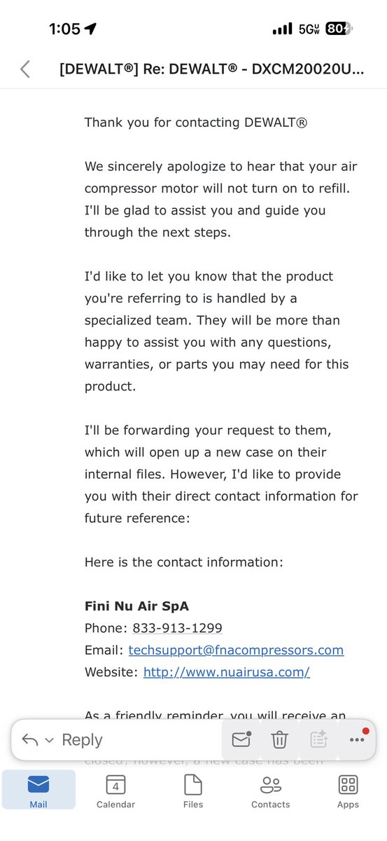 DanielJ44875748's tweet photo. Hey @DEWALT and @StanleyBlkDeckr — I bought a DEWALT compressor with a DEWALT warranty. When it failed, support pushed me to the manufacturer (FNA) who doesn’t answer phones or emails. Ticket #14875028 has been sitting unresolved. Can someone at DEWALT actually help? https://t.co/Unb5vt6ciC