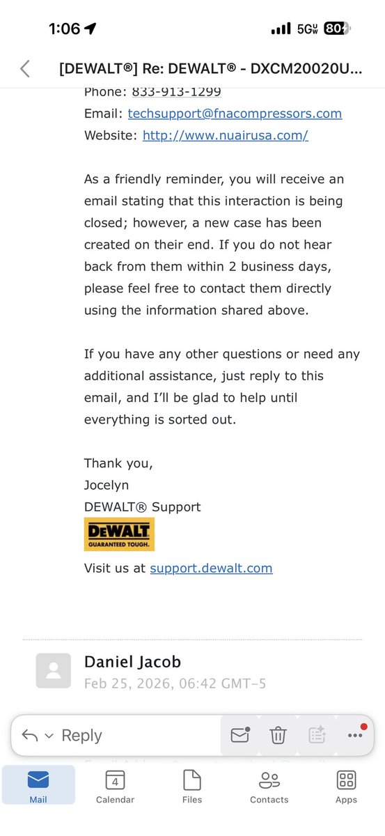 DanielJ44875748's tweet photo. Hey @DEWALT and @StanleyBlkDeckr — I bought a DEWALT compressor with a DEWALT warranty. When it failed, support pushed me to the manufacturer (FNA) who doesn’t answer phones or emails. Ticket #14875028 has been sitting unresolved. Can someone at DEWALT actually help? https://t.co/Unb5vt6ciC