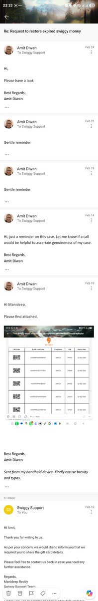 diwanamit's tweet photo. Dear Swiggy, I've been at this for nearly a month (since 8 Feb). May I expect an empathetic resolution soon? 

@Swiggy @SwiggyCares https://t.co/Iz82UsCudT
