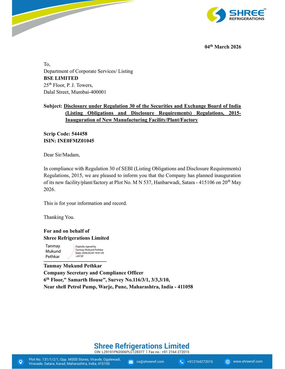 DebajyotiSarmah's tweet photo. Shree Refrigerations Ltd👑
The Co. informed the exchange about the planned inauguration of its new facility/plant/factory at Plot No. M N 537, Hanbarwadi, Satara - 415106 on 20/05/2026✨
Date: 20th May 2026✨
#shreerefrigerations #newfacility #20may2026 https://t.co/gIgxCmSmpe