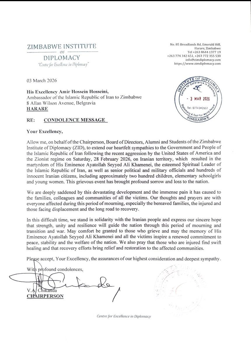 Condolence message by the Zimbabwe Institute of Diplomacy on martyrdom of the great leader Ayatollah seyyed Ali Khamenei