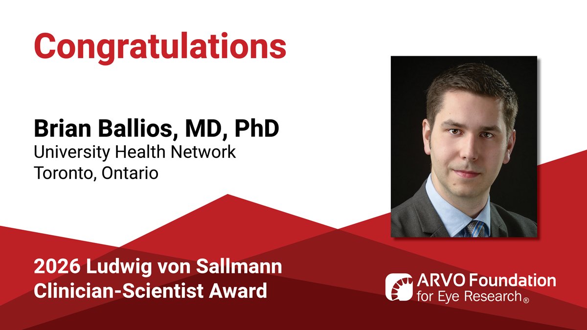 ARVOinfo's tweet photo. @ARVOinfo Foundation congratulates Brian Ballios, MD, PhD (@UHN)—2026 recipient of the Ludwig von Sallmann Clinician-Scientist Award. Learn about his innovative work using stem cells to treat inherited #RetinalDisorders. https://t.co/qg9IXXHWXX
 #VisionResearch #VisionScience https://t.co/d1AW3eZDZR