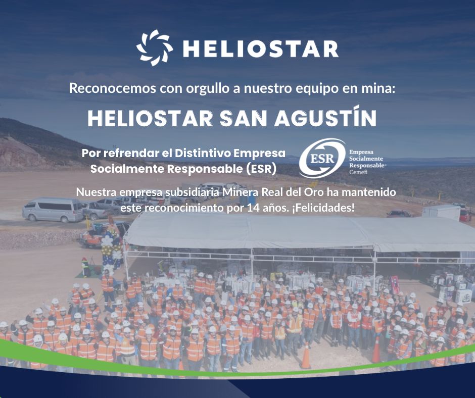 Heliostar Durango recibirá el Distintivo ESR ✨ Un reconocimiento que reafirma nuestro compromiso con la minería responsable. 
Este logro es resultado del trabajo en equipo y la mejora continua. ¡Felicidades a todo el equipo en Mina San Agustín!🤝🌱