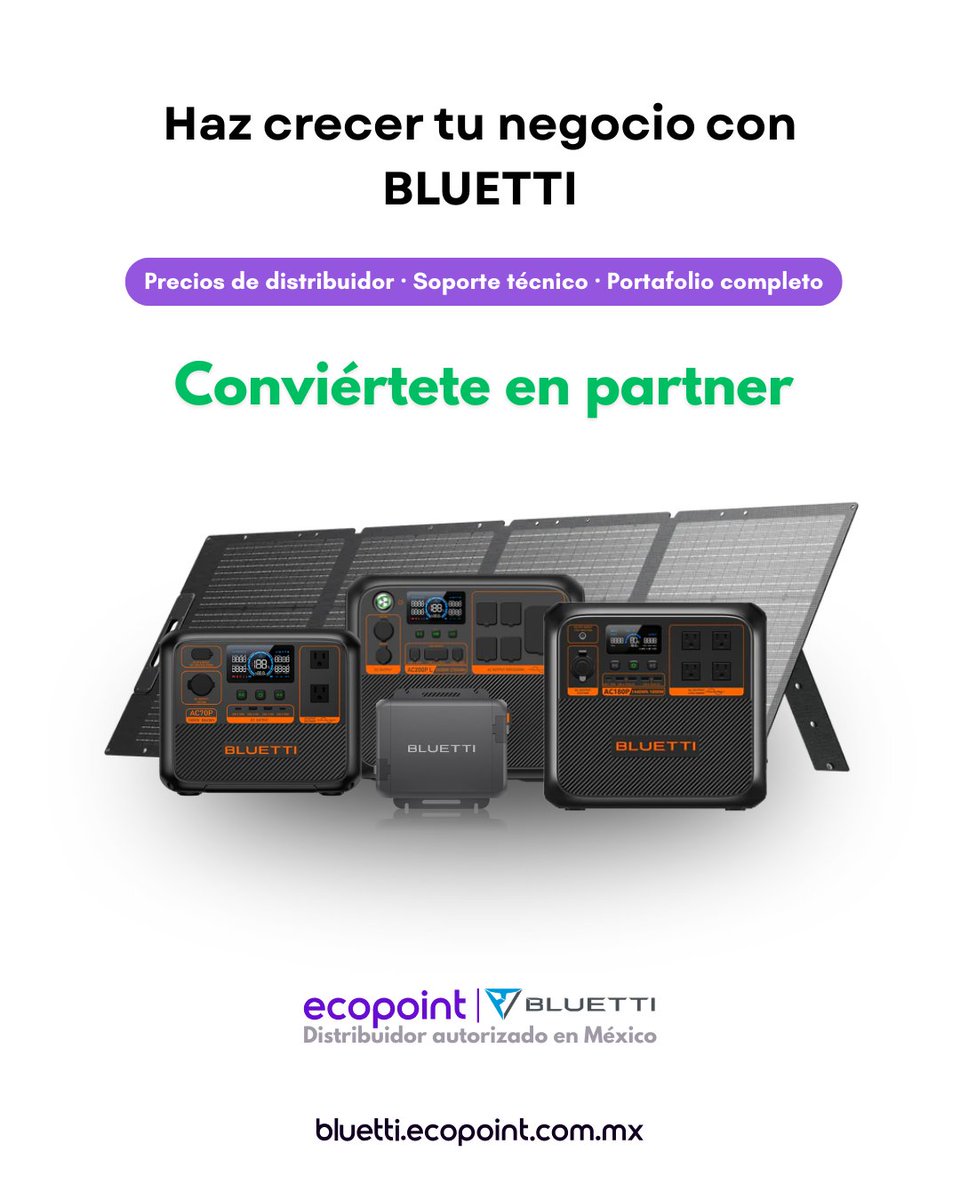 ⚡ Estamos expandiendo la red de distribuidores BLUETTI en México

Si tienes:

🔌 empresa de energía solar
🏪 tienda tecnológica
⚡ negocio eléctrico o ferretero

👉 Conviértete en partner con Ecopoint

🌐 bluetti.ecopoint.com.mx/ser-distribuid…

#EcopointMX #BLUETTI #bluettimexico #bluettimx