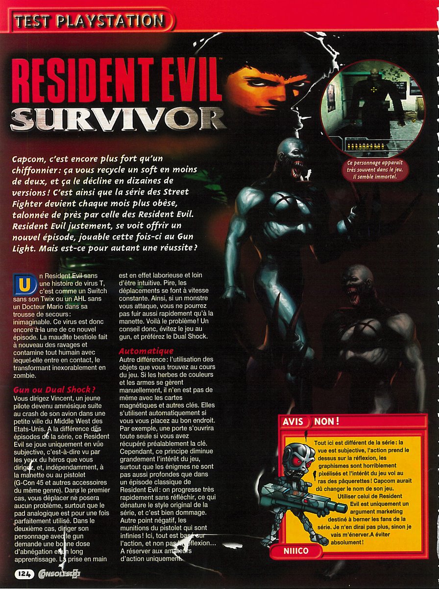 AllmightoFranky's tweet photo. On termine avec les tests que j'ai pu trouvé,un dans #ConsolesPlus avec les avis de Nico et Kael pour une note de 65% et le test de @JulienChieze dans #PlaystationMagazine et la note de 3!A demain pour un nouveau #ResidentEvil! #retro #retrogaming #90s 2/2 https://t.co/NcA0saVKlw