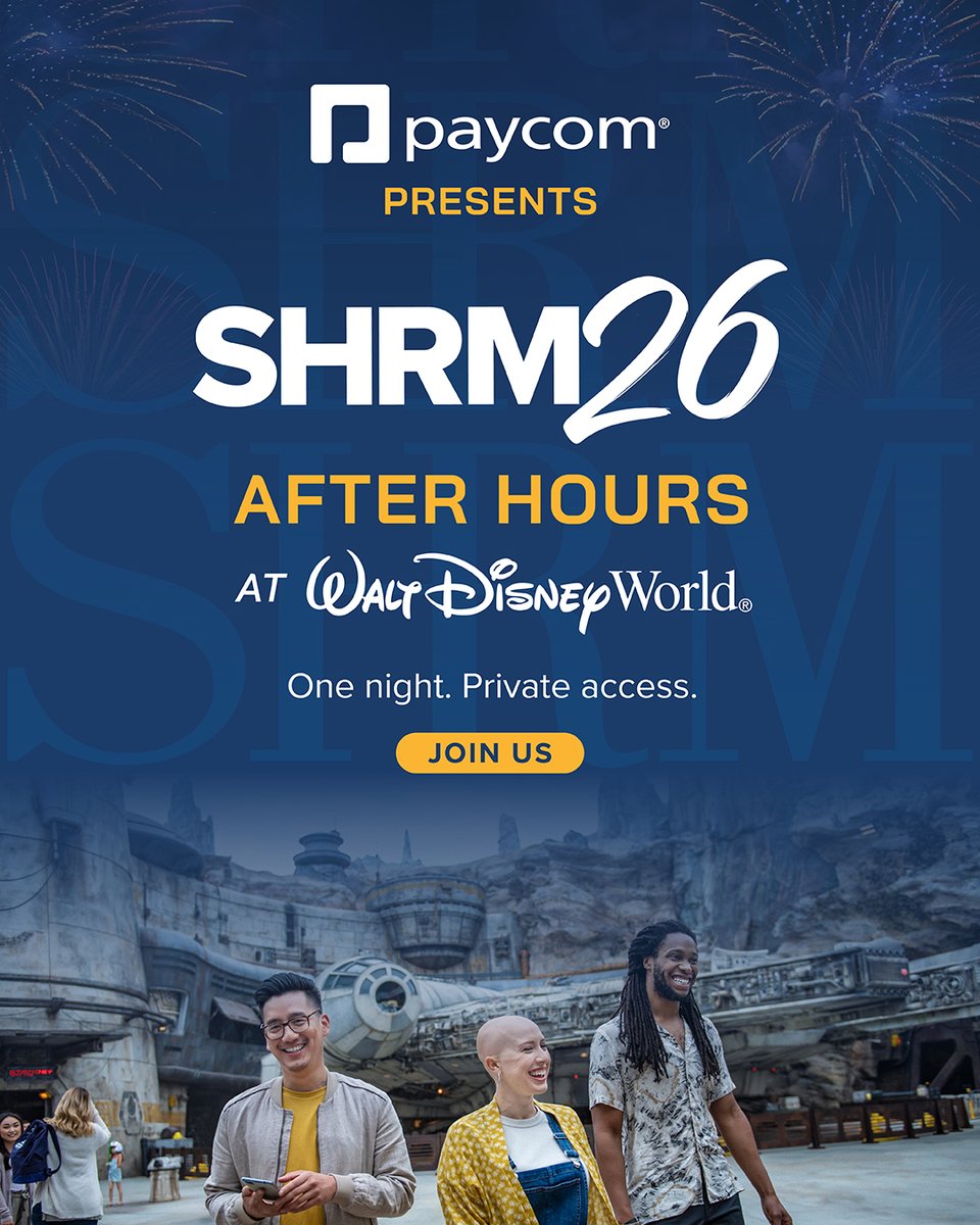 SHRM's tweet photo. You handle the pressure all year.  

For one night at SHRM26, the park is yours.  

Private access.  

Fireworks overhead. Powered by Paycom.  

See you there. Register now to be part of it. 🔗  https://t.co/BZHik9NwTY

#SHRM26 #FutureOfWork #HRLeadership https://t.co/vmrblsUNWR