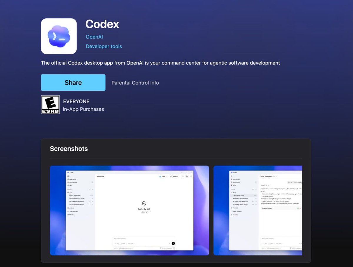 NOXS_AI's tweet photo. OpenAI Codex has launched on Windows – the app for developing with agents is now available in the Microsoft Store.

You can automate routine tasks and run multiple bots in parallel, working together on a single project. Custom skills are supported- available on a separate GitHub. https://t.co/mixAzxfknt
