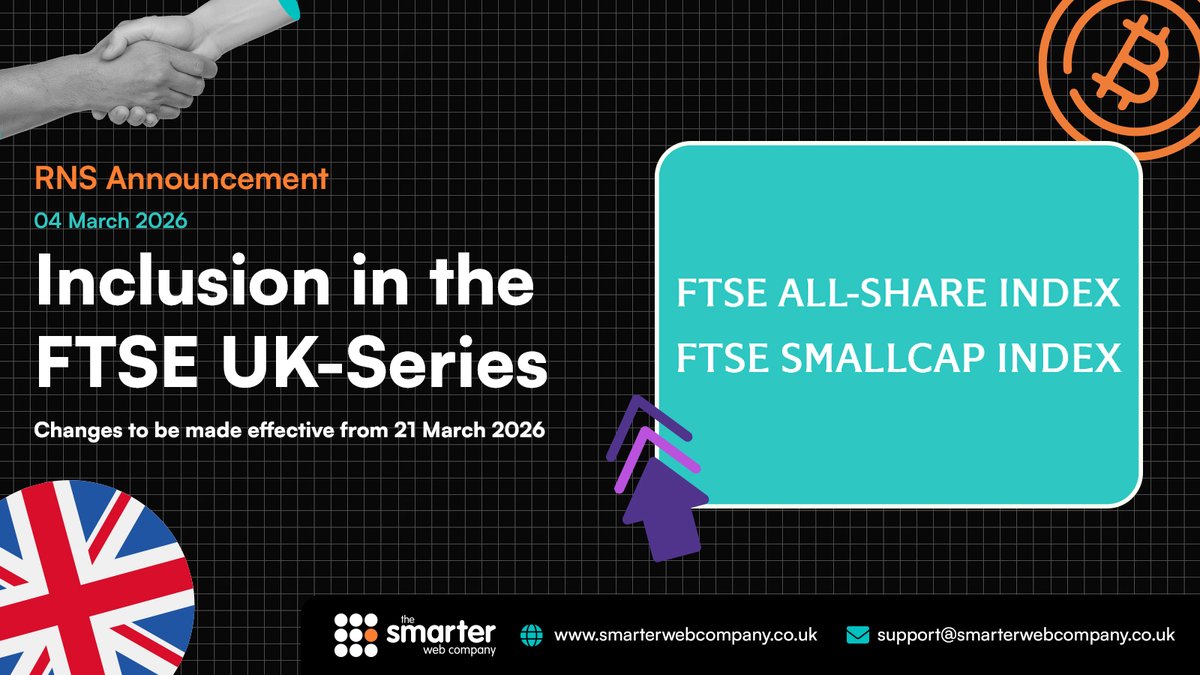 RNS Announcement: FTSE UK Index Series Inclusion

The Smarter Web Company is pleased to announce that, following the latest FTSE Russell Quarterly Review, the Company will be included in the FTSE UK Index Series as a constituent of the FTSE All-Share Index and the FTSE SmallCap