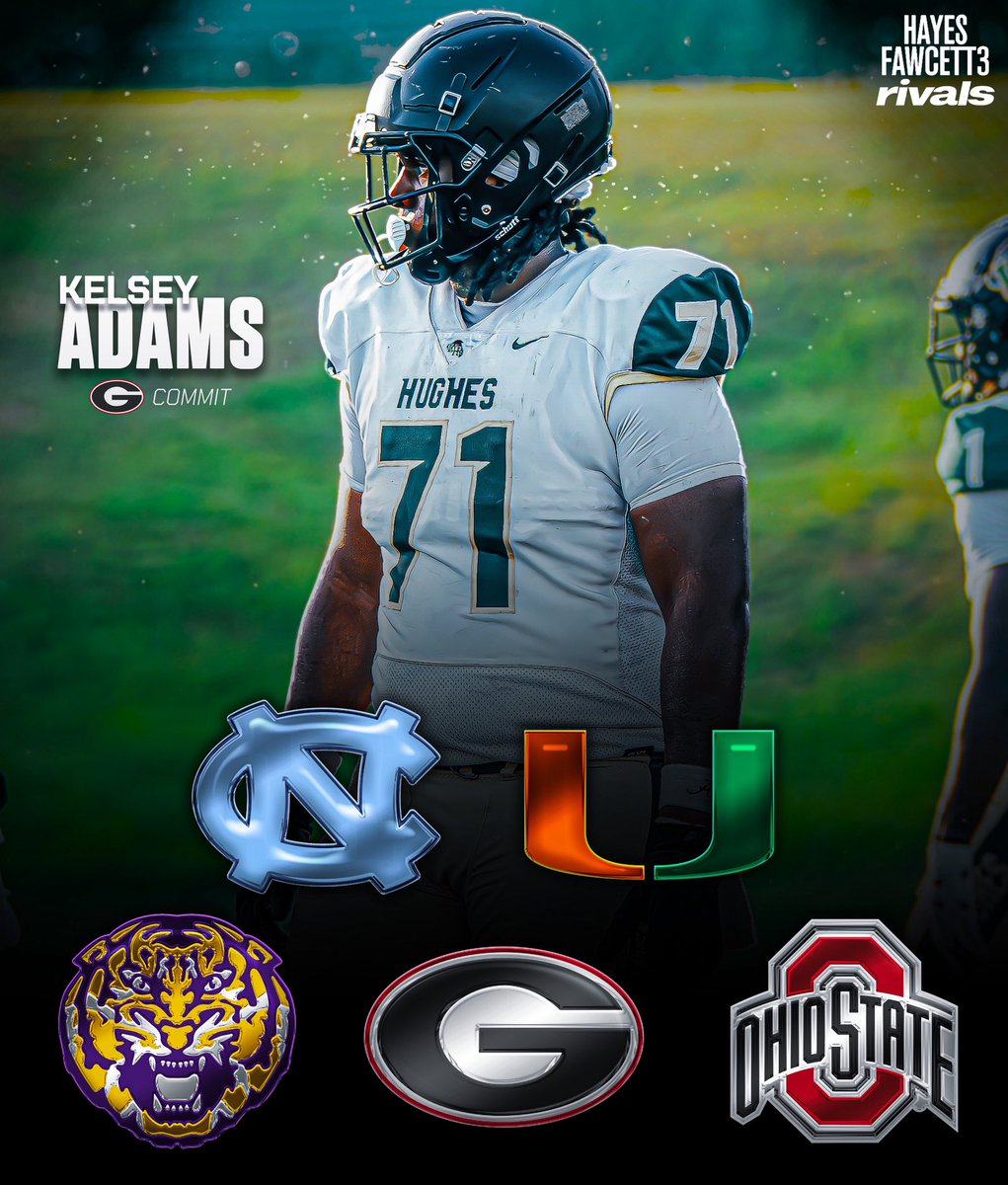 Hayesfawcett3's tweet photo. NEWS: Four-Star Georgia OT commit Kelsey Adams has locked in 5 Official Visits, he tells me for @Rivals

His schedule is as follows: 

• Georgia: May 29-31
• LSU: June 5-7
• Miami: June 12-14 
• North Carolina: June 17-19
• Ohio State: June 20-22

https://t.co/rTUn27Hl3x https://t.co/bHOrw7NBM1