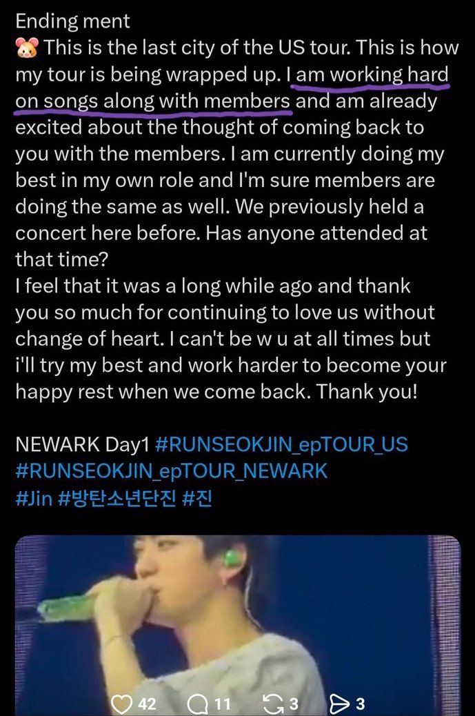 hourjinnie's tweet photo. 1) no one is attacking jin 
2) we know jin worked so hard last year for echo and his album and tour and that’s actually the point here! 
2) no one is angry at jin for not writing songs, because he actually did write and worked on some songs even though he was on tour. I feel many of you either don’t know that or are choosing to omit that for the sake of your argument 

People are upset that he still managed to work on songs even though he toured but he ended up getting no credit on the album. Jin always writes and wants his songs picked, he always does, that’s why he said the best part of Echo was writing the lyrics. It could have been a coincidence but at some point everyone involved noticed that only 6/7 were included. 4/7 members writing songs would look better than 6/7, that simply looks BAD. 

Does being upset over this equate to saying jin didn’t contribute? Absolutely not. Jin was involved with vocals, with the concepts, with everything else, and we will hype him up for that, he’s worked so hard on this comeback. But the subject here is SONGWRITING. People are upset over this and how bad 6/7 looks, if Jin came and said he himself did not want to have a single lyric of his involved we would immediately understand and wouldn’t be upset, but so far people do have the right to feel bad seeing 6/7 when all the public current proof we have is that he did in fact participate but ended up with no credits, and if everything was already done when he got there, whatever he worked on should have been included, even 1 line, because looking at the huge list of songwriters, its not like everyone contributes long lyrics anyway. 

If this doesn’t bother you, that’s ok. That is you, in my opinion, the right thing to do was make sure the album contained songs where everyone wrote enough to have credits, because this is their big comeback. That is the opinion of many and you are free to have yours. 

lastly, many people are saying that he worked hard and songwriting isn’t end all or that important. Yes we know he worked hard on this album, who says he didn’t. But the credits are important, let’s not lie to ourselves. There is a reason they are released to the public, and if they weren’t important army  wouldn’t be making graphs on who did which songs and bragging about their biases working on a certain number of songs, so let’s not lie now.