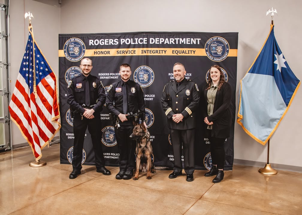 RogersMNPolice's tweet photo. Big night at last week's City Council meeting! Officer Martin Steele was sworn in, K9 Ares got his doggy oath 🐾, and we welcomed Ashley Gardas as our new Mental Health &amp; Wellness Coordinator. Proud to have them on the Rogers PD team. Congratulations to all! https://t.co/T5BTFf9dYL