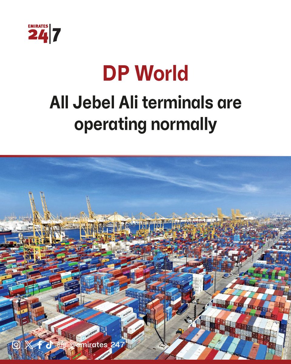 Emirates247's tweet photo. #DP_World: All #Jebel_Ali terminals are operating normally
https://t.co/Cq7c5xlCNC
#Emirates247 https://t.co/SM7zY2Xs2v