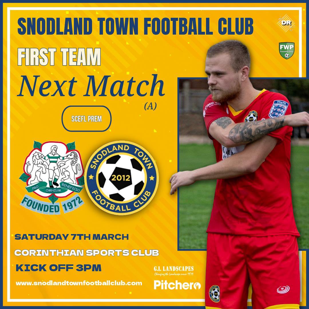 Next up for Snodland Town First Team we travel to <a href="/CorinthianFC/">Corinthian FC</a> in the <a href="/SCEFLeague/">Presence & Co. SCEFL League</a> on Saturday! 

📅 Saturday 7th March

🏟️ Corinthian Sports Club, DA3 8LY
⚽️ 3pm KO
🍺 Bar
🎟️ Prices at the gate!

Come &amp; Support the Town!👏

#UTT🟡🔵