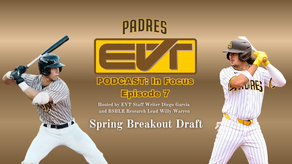 StatNerd_Base's tweet photo. The Padres @EVTPodcast is back with a special episode this week. 

In honor of the upcoming Spring Breakout games, @HighLevBaseball and I draft a starting lineup and 3-man pitching staff of Padres prospects. 

Watch here: https://t.co/6wgOoSZD6c https://t.co/EnEfNxnmYw