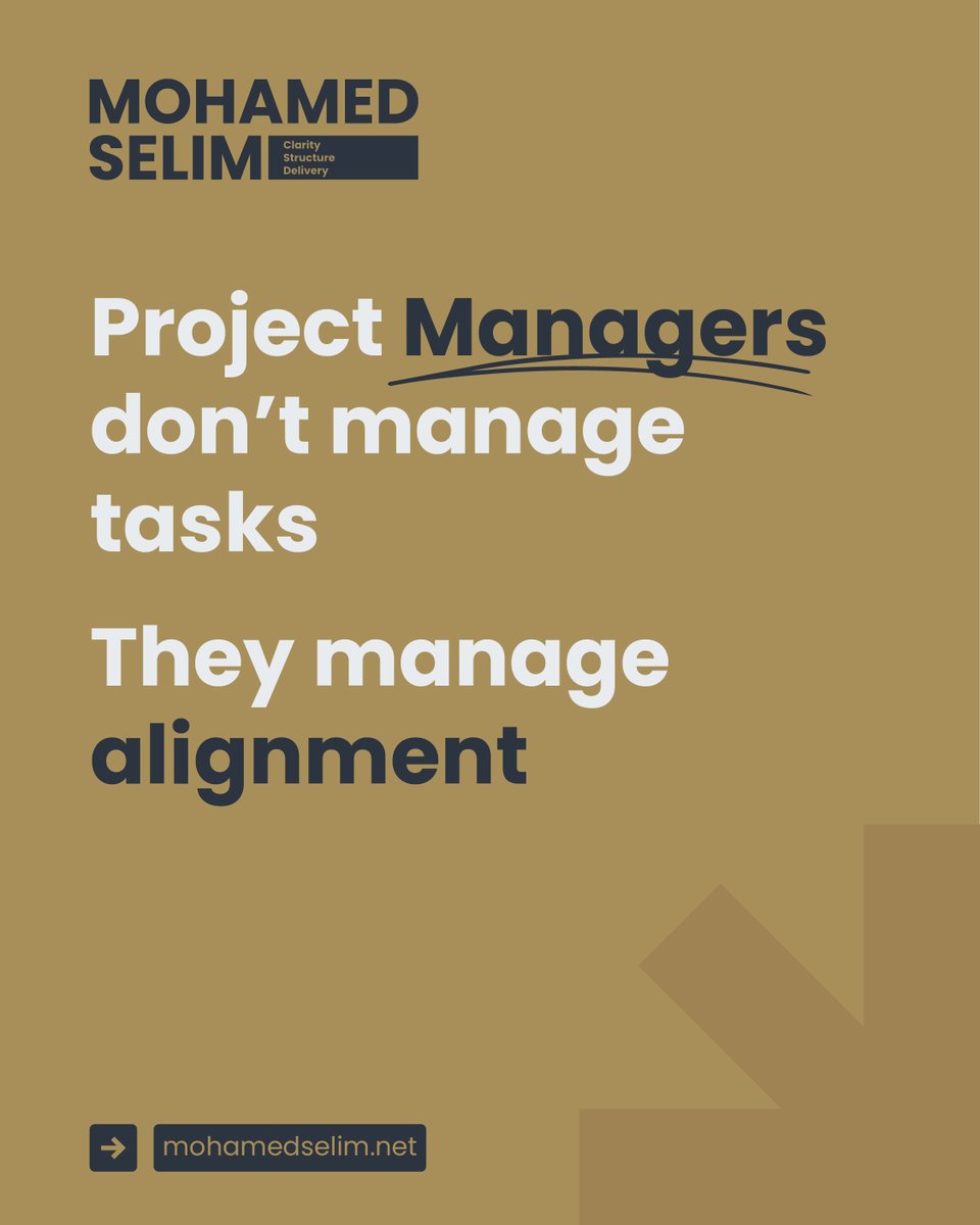 SelimPMs's tweet photo. Project Managers don’t manage tasks. They manage alignment

Tasks are quick; alignment takes leadership

Clear priorities, ownership, timelines, and shared expectations keep teams moving together

Without alignment, even simple projects get complex

https://t.co/sJd4ERkFkH https://t.co/OGnvhxIz06