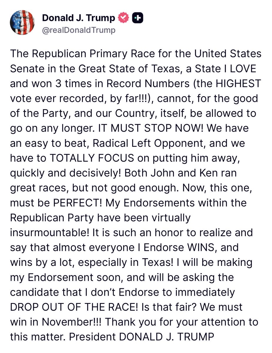 JuliaManch's tweet photo. President Trump says he will be making his endorsement in the Texas GOP Senate runoff “soon” and will be asking the candidate he does not endorse “to immediately drop out of the race.” https://t.co/k9J06pRSDx