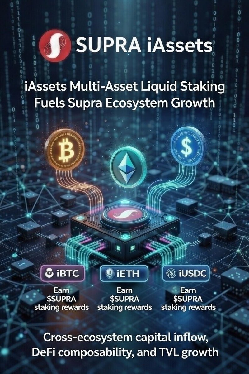 Game changer.

iAssets bring multi-asset liquid staking to $SUPRA.

BTC, ETH, and USDC can now enter the ecosystem, earn $SUPRA staking rewards, and remain liquid across DeFi.

Capital flows in.
Demand for $SUPRA rises.
Supply keeps getting tighter.