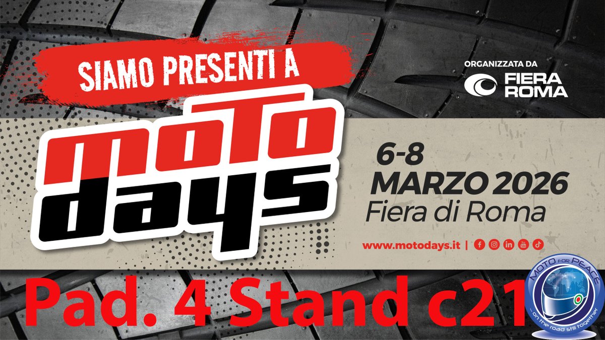Motoforpeace's tweet photo. 25 anni di km, passione e solidarietà: MotoForPeace vi aspetta al MotoDays 2026! 🌍🏍️

Siete pronti a conoscere i protagonisti di oltre due decenni di missioni umanitarie in tutto il mondo? Saremo presenti con il nostro stand alla Nuova Fiera di Roma dal 6 all'8 marzo. https://t.co/t20DTchI42