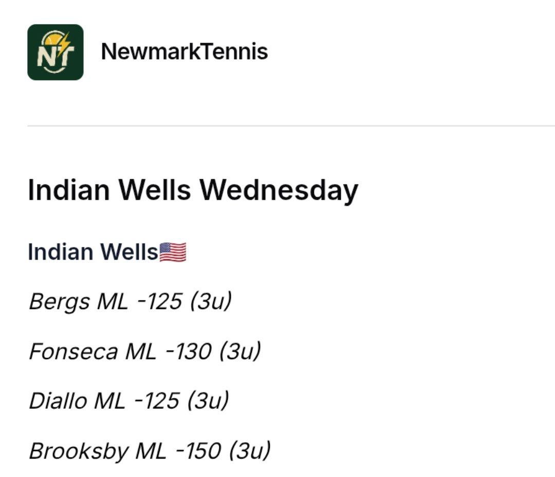 allcappersfreee's tweet image. TENNIS THREAD 🔥‼️

INDIAN WELLS✅️

Tenniswinneronly🎾
P4D🎾
Newmark 🎾

#MatchPointBets🎾

Berrettini 2-0 +105 4U
Walton +3 - 140 3U
Monfils 1st set - 135 3U
Damm -178 2U

#LearLocks🎾 

Afternoon card
Tennis
WTA INDIAN WELLS
Anastasia Potapova ML 2u -110
Kimberly Birrell ML