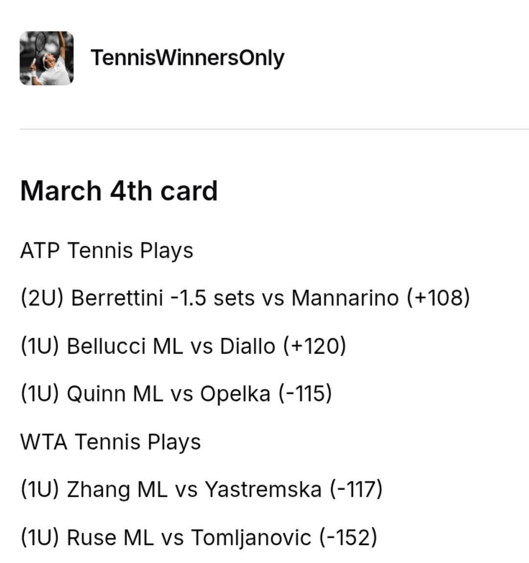 allcappersfreee's tweet image. TENNIS THREAD 🔥‼️

INDIAN WELLS✅️

Tenniswinneronly🎾
P4D🎾
Newmark 🎾

#MatchPointBets🎾

Berrettini 2-0 +105 4U
Walton +3 - 140 3U
Monfils 1st set - 135 3U
Damm -178 2U

#LearLocks🎾 

Afternoon card
Tennis
WTA INDIAN WELLS
Anastasia Potapova ML 2u -110
Kimberly Birrell ML