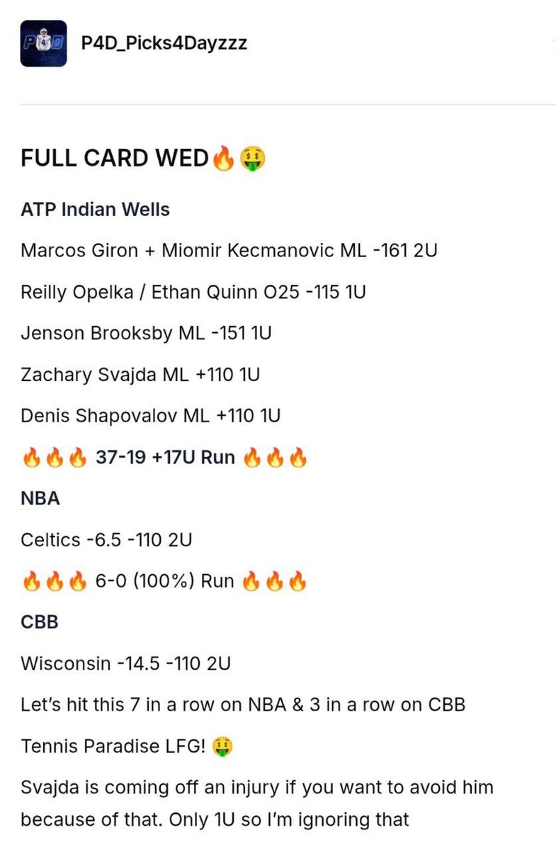 allcappersfreee's tweet image. TENNIS THREAD 🔥‼️

INDIAN WELLS✅️

Tenniswinneronly🎾
P4D🎾
Newmark 🎾

#MatchPointBets🎾

Berrettini 2-0 +105 4U
Walton +3 - 140 3U
Monfils 1st set - 135 3U
Damm -178 2U

#LearLocks🎾 

Afternoon card
Tennis
WTA INDIAN WELLS
Anastasia Potapova ML 2u -110
Kimberly Birrell ML