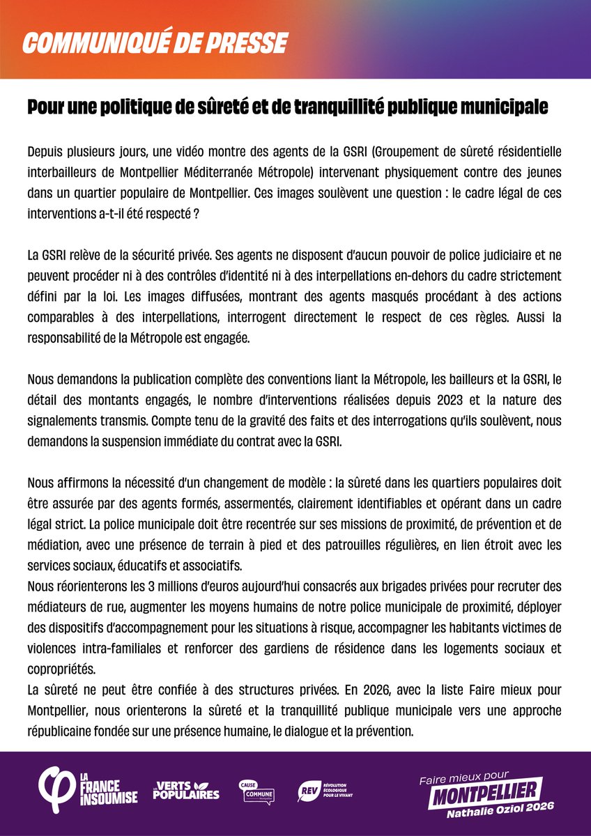 🔴 COMMUNIQUÉ DE PRESSE - GSRI

Nous réorienterons les 3 millions d’euros aujourd’hui consacrés aux brigades privées pour recruter des médiateurs de rue ou augmenter les moyens humains de notre police municipale de proximité.

Retrouvez notre communiqué 👇